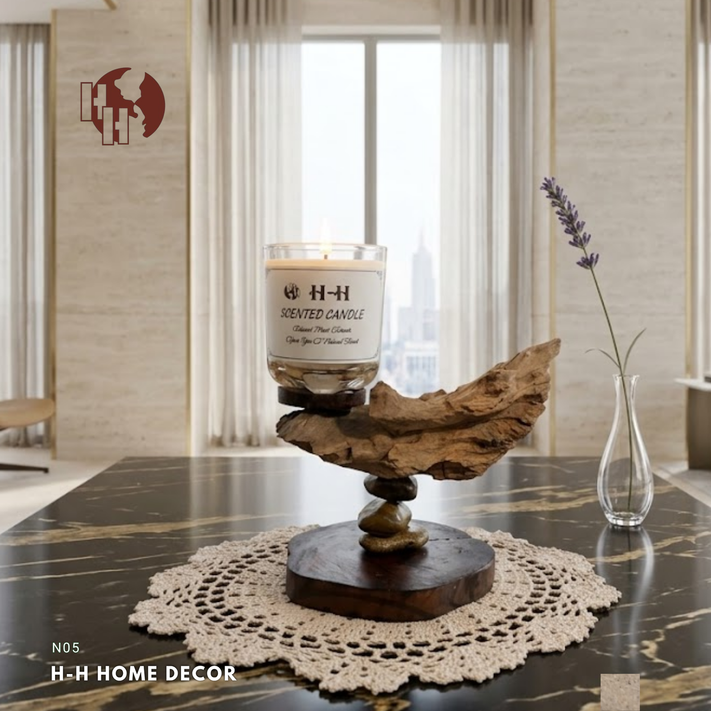 [N05] Zen Driftwood & Balancing Stone Candle Holder