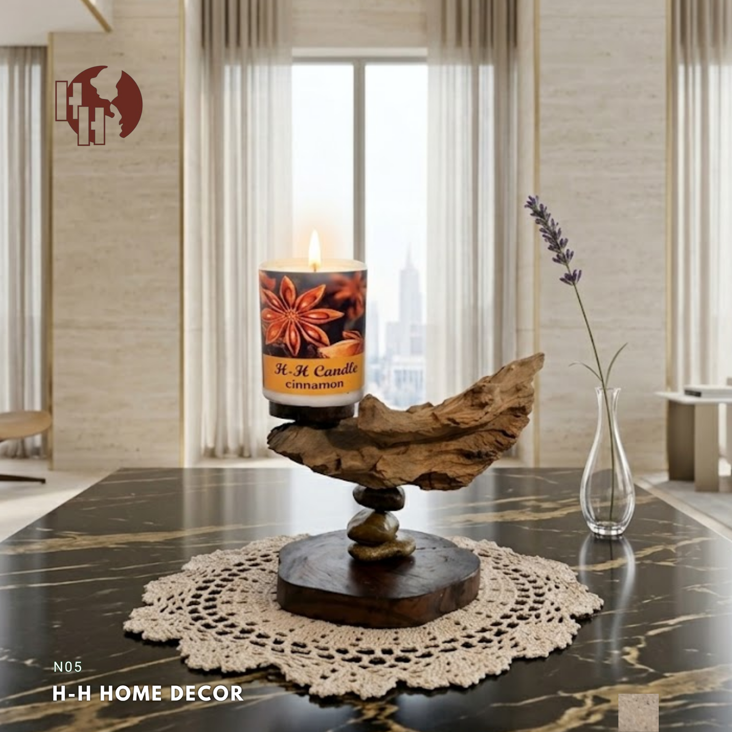 [N05] Zen Driftwood & Balancing Stone Candle Holder