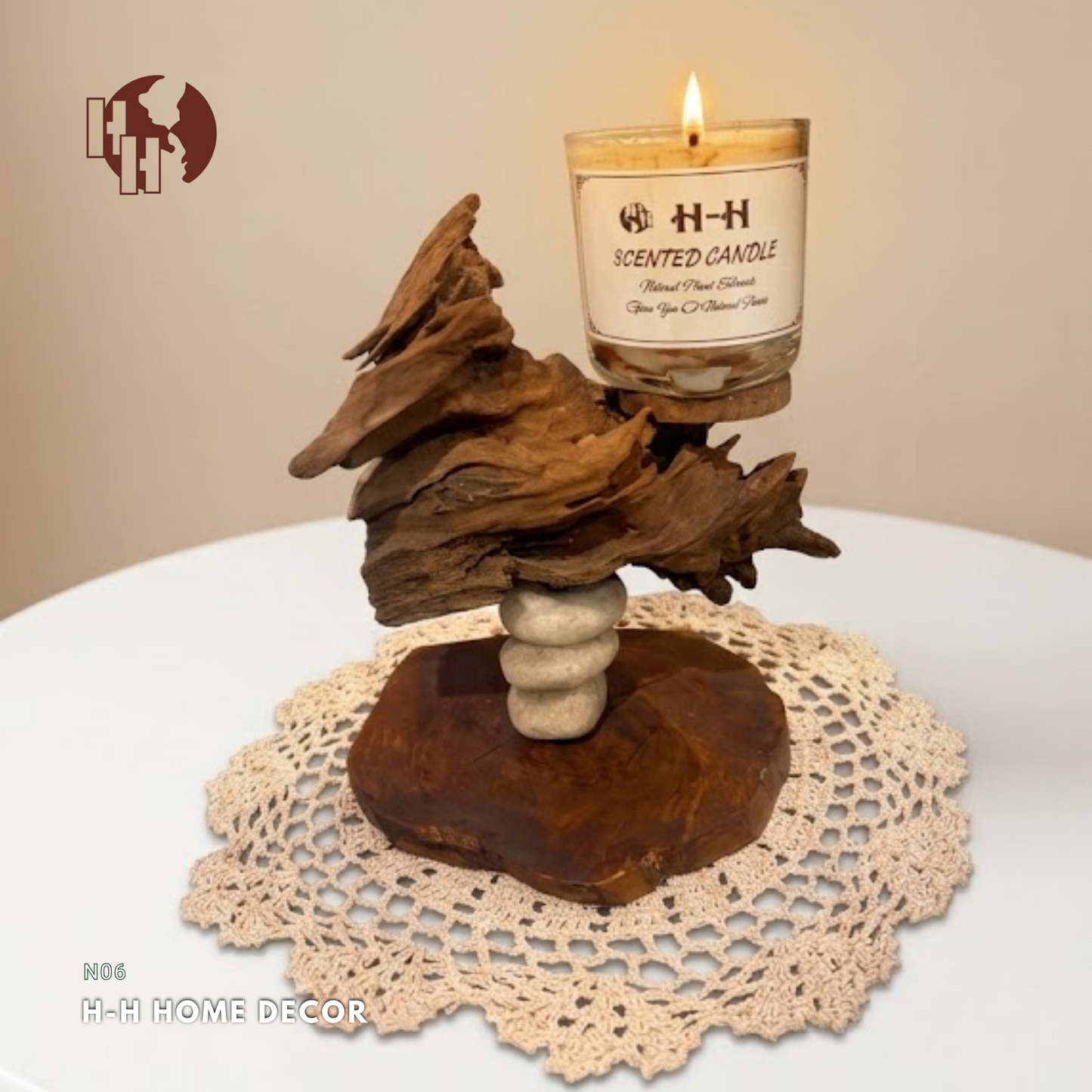 [N06] Zen Driftwood & Stone Pillar Scented Candle Stand – Rustic Home Decor