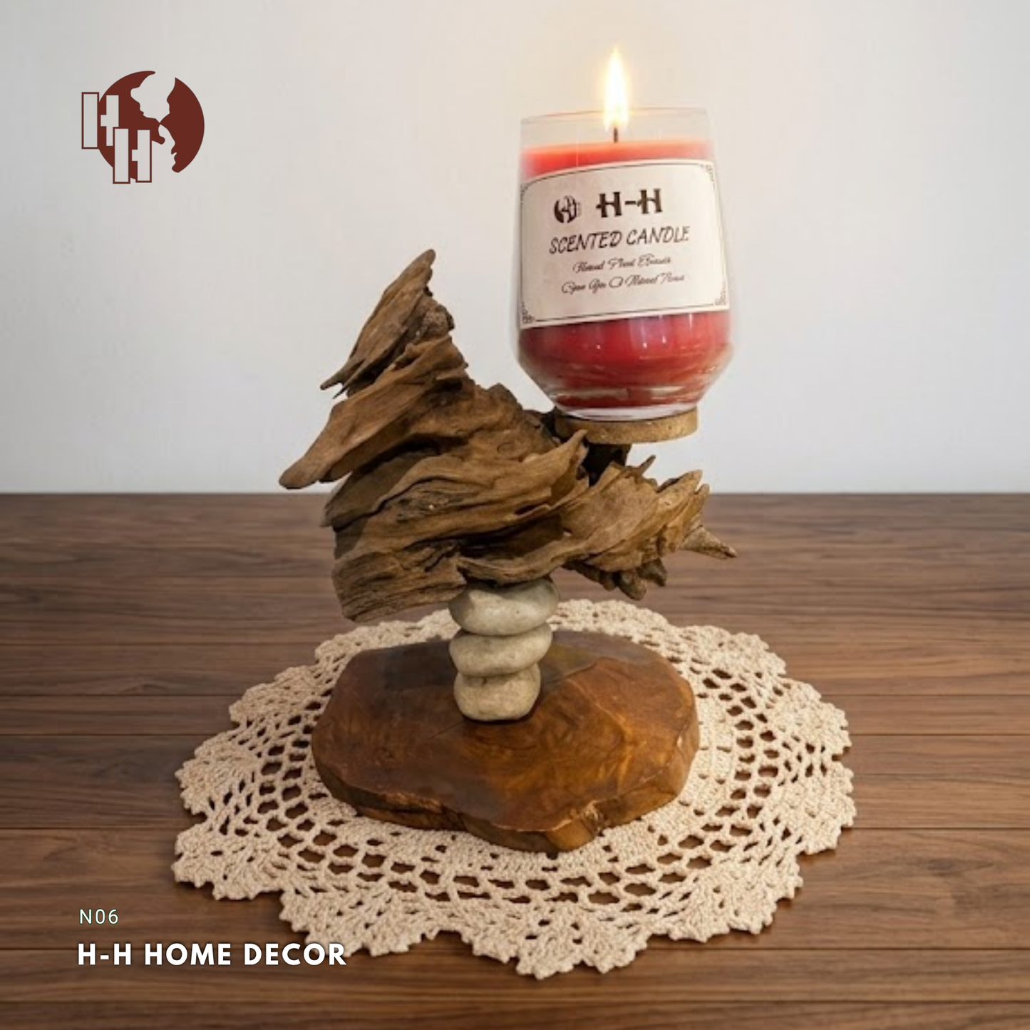 [N06] Zen Driftwood & Stone Pillar Scented Candle Stand – Rustic Home Decor