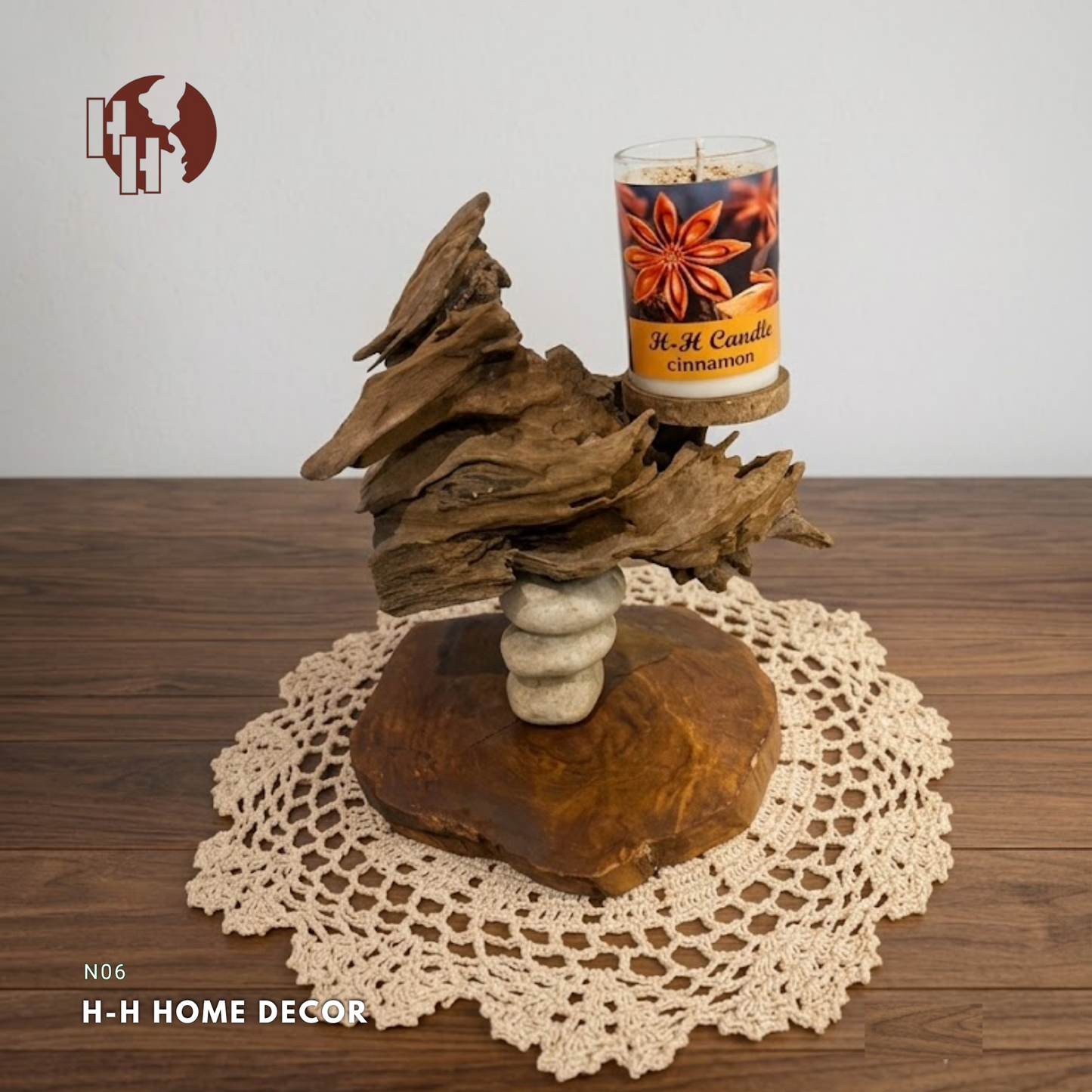 [N06] Zen Driftwood & Stone Pillar Scented Candle Stand – Rustic Home Decor