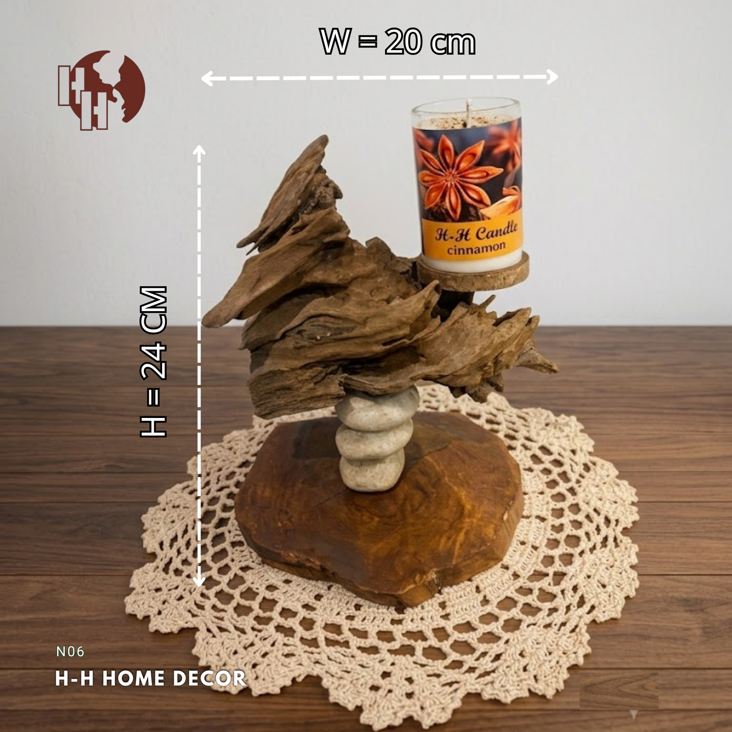 [N06] Zen Driftwood & Stone Pillar Scented Candle Stand – Rustic Home Decor
