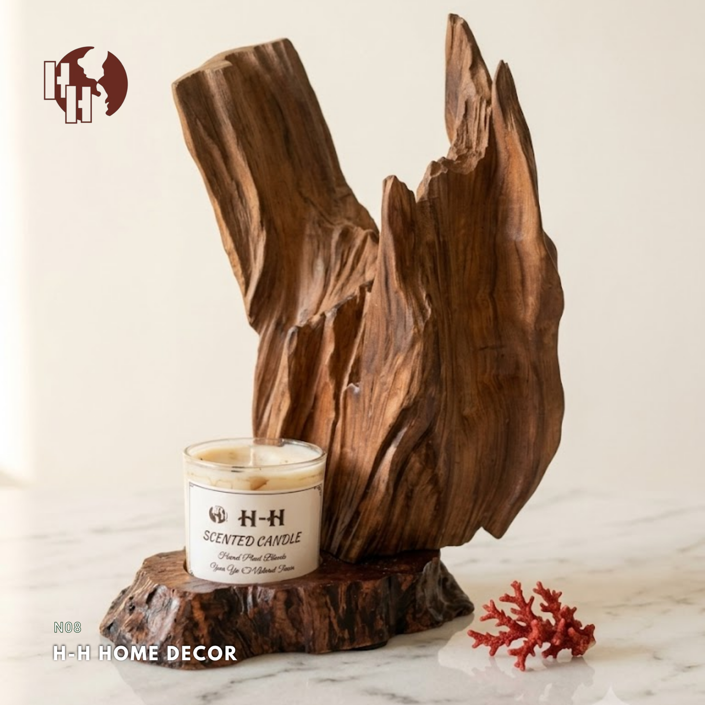 [N08] Handcrafted Driftwood Candle Holder with Scented Candle – Rustic Home Decor