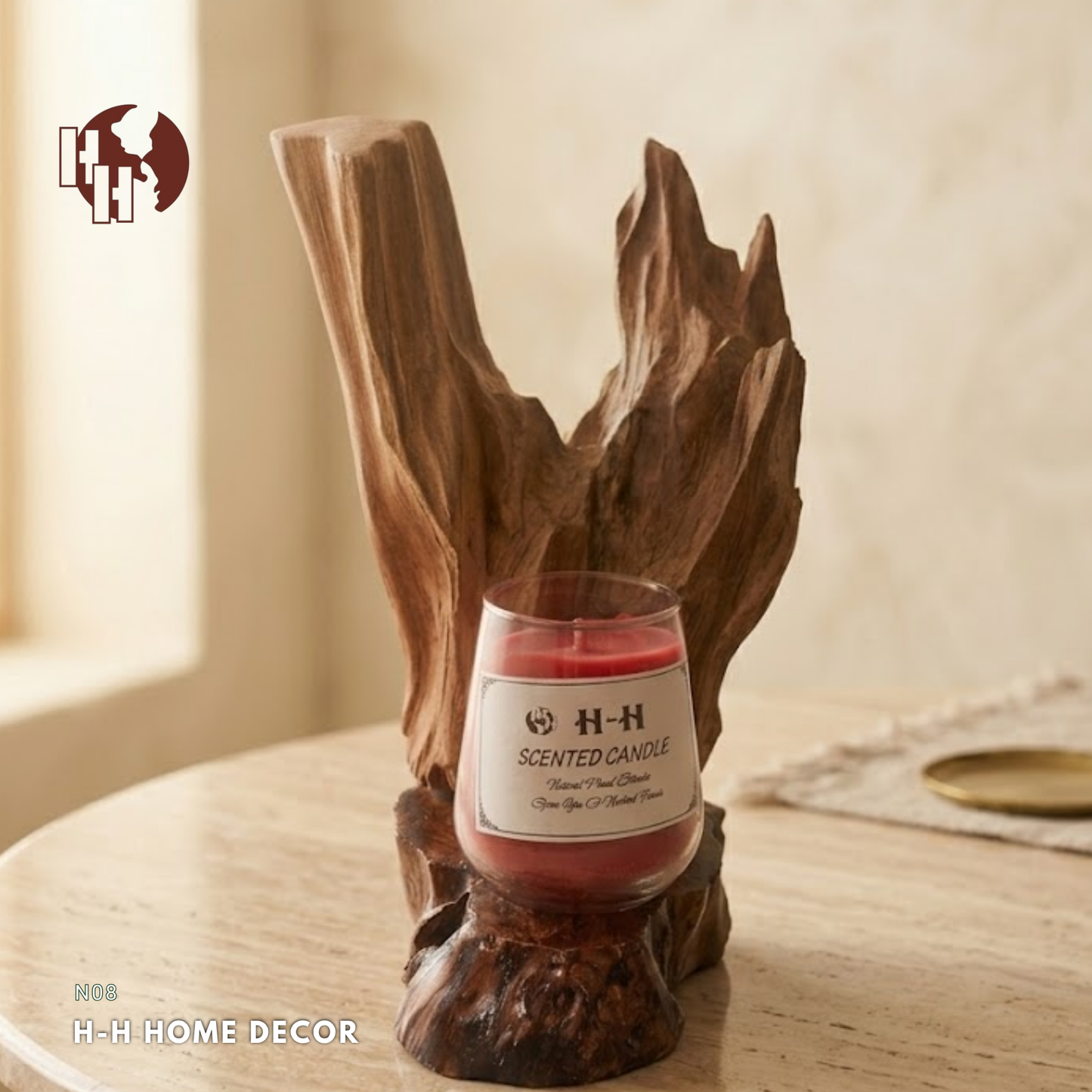 [N08] Handcrafted Driftwood Candle Holder with Scented Candle – Rustic Home Decor