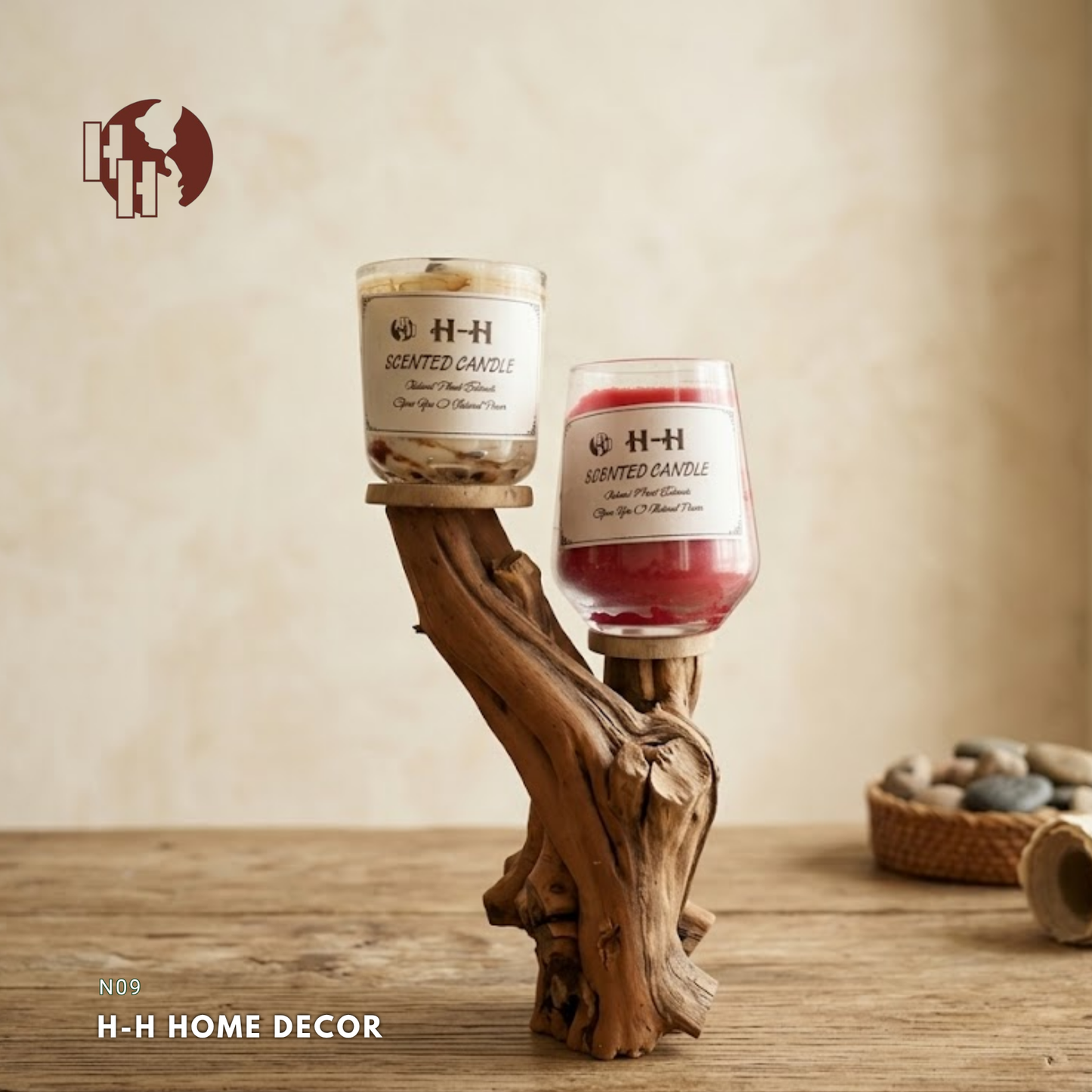 [N09] Natural Driftwood 2-Tier Candle Holder – Rustic Home Decor