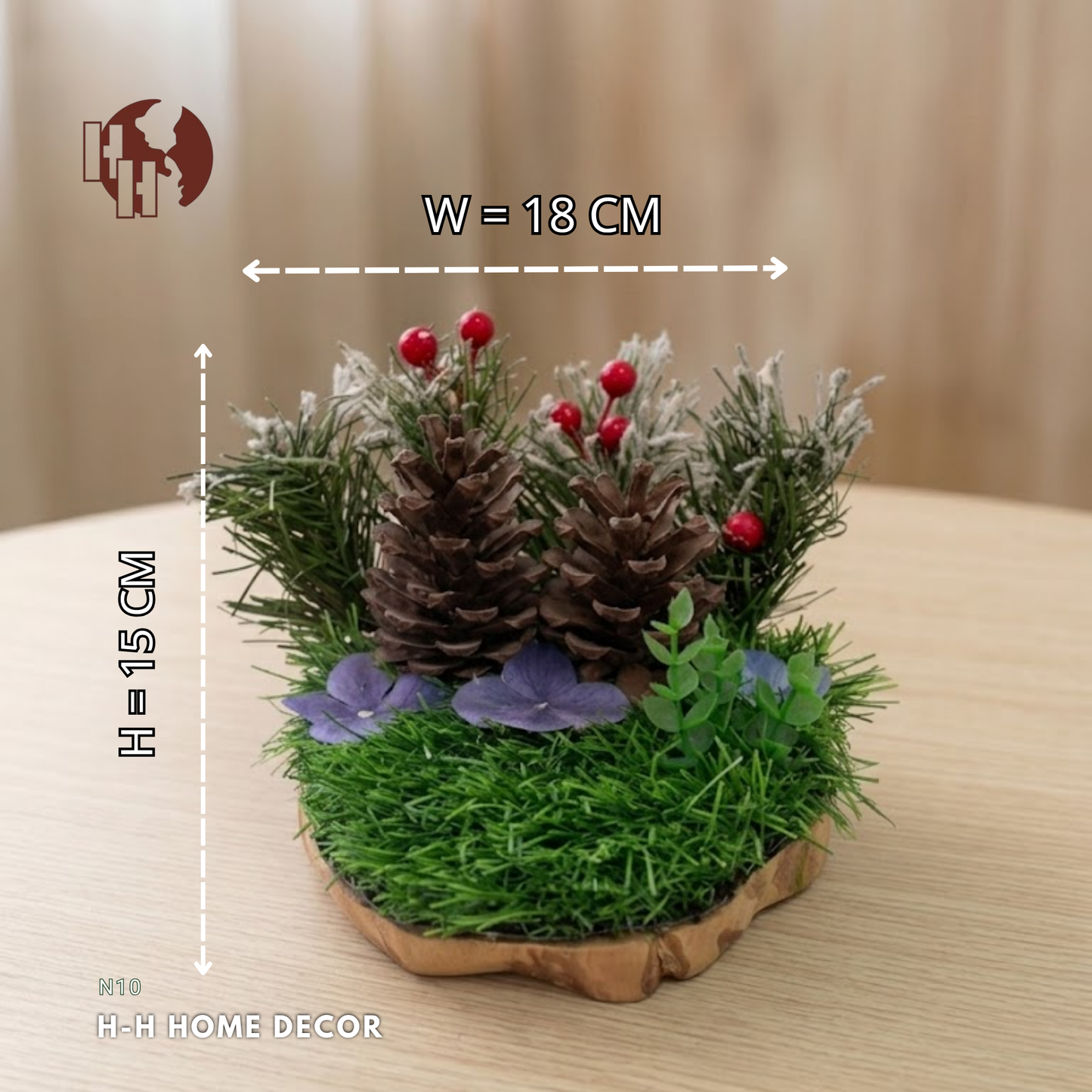 [N10]H-H Natural Scented Candle with Handcrafted Rustic Wood Base – Winter Forest & Pinecone Decor