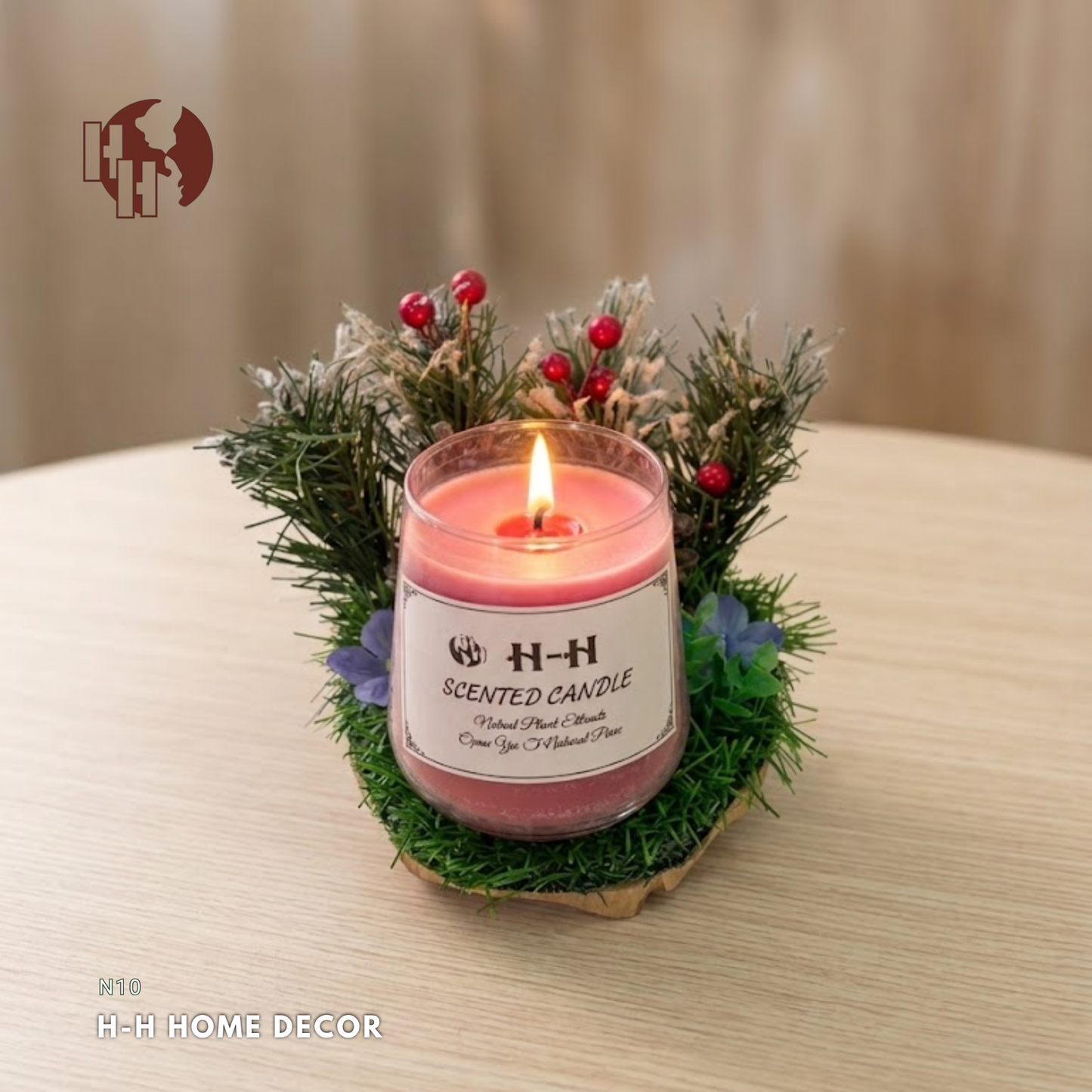 [N10]H-H Natural Scented Candle with Handcrafted Rustic Wood Base – Winter Forest & Pinecone Decor