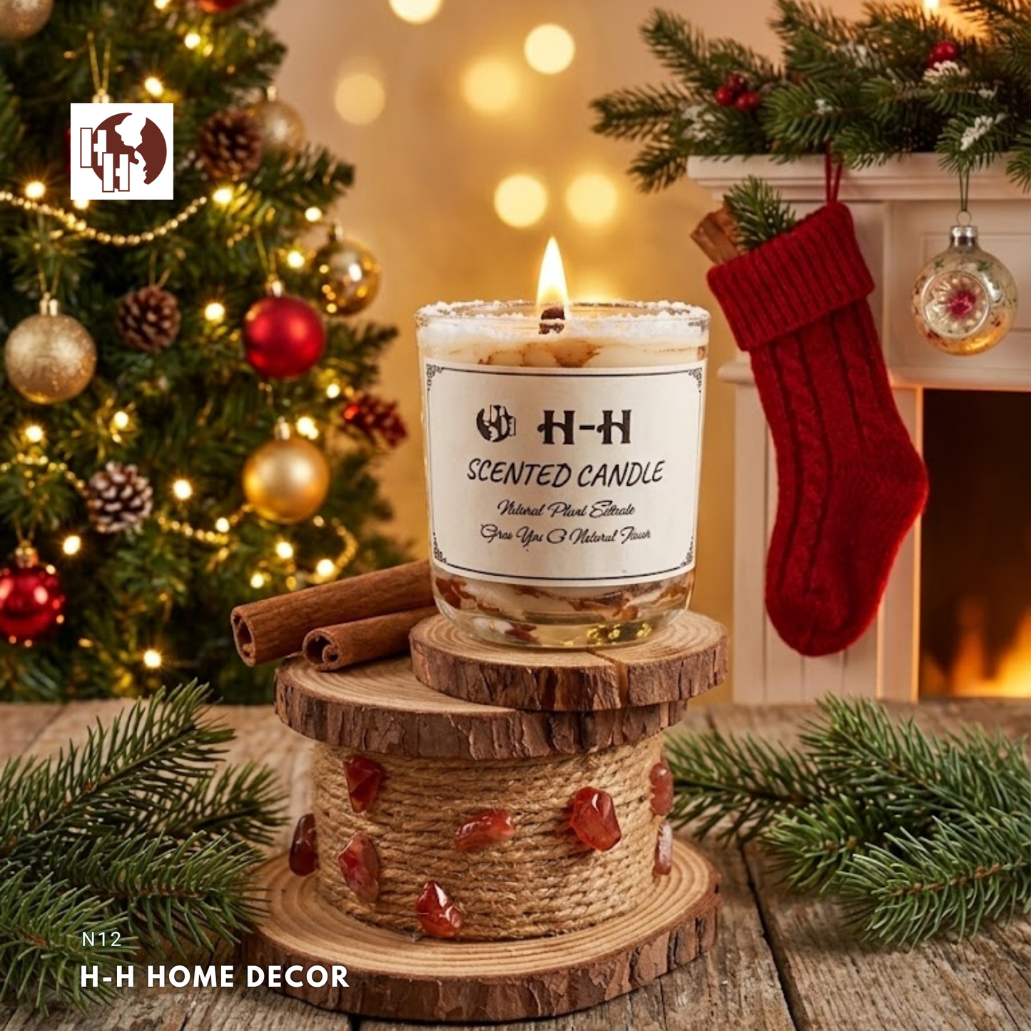 [N12] H-H Rustic Wood Slice Candle Holder & Riser with Jute Rope & Red Stones