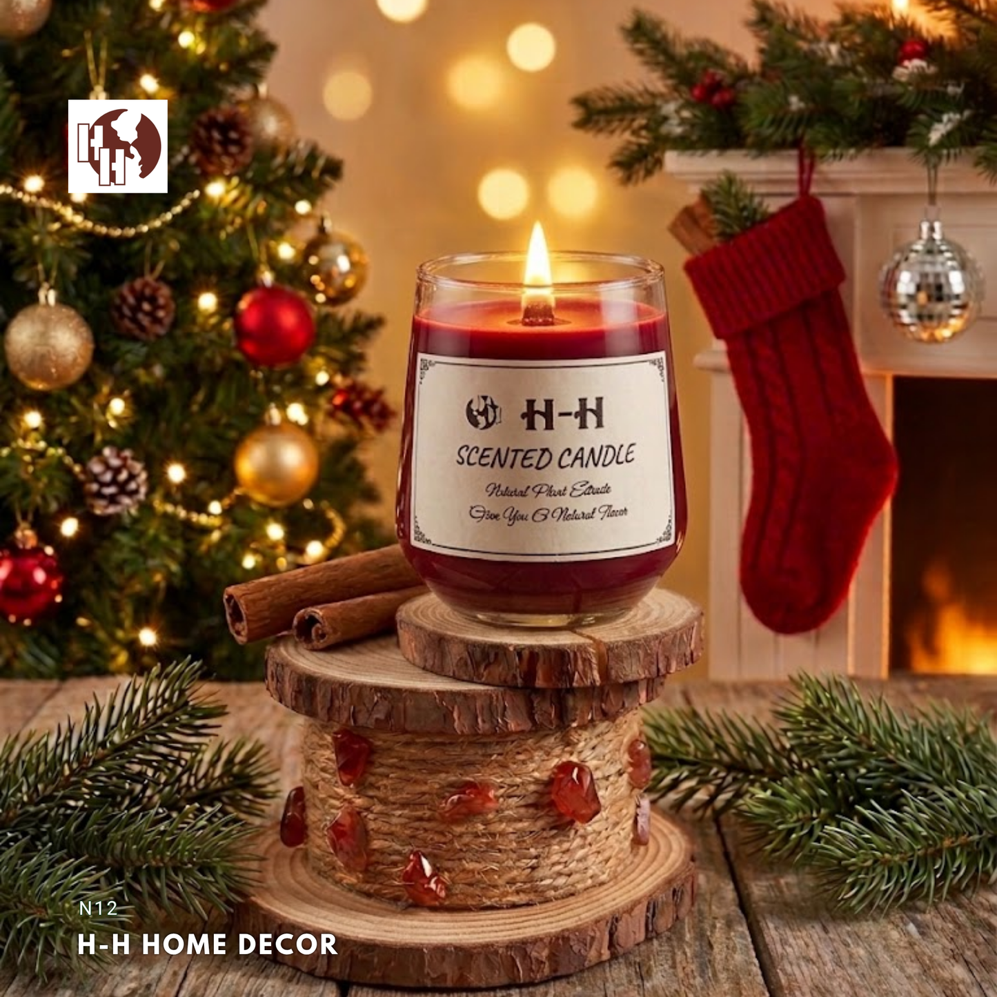 [N12] H-H Rustic Wood Slice Candle Holder & Riser with Jute Rope & Red Stones