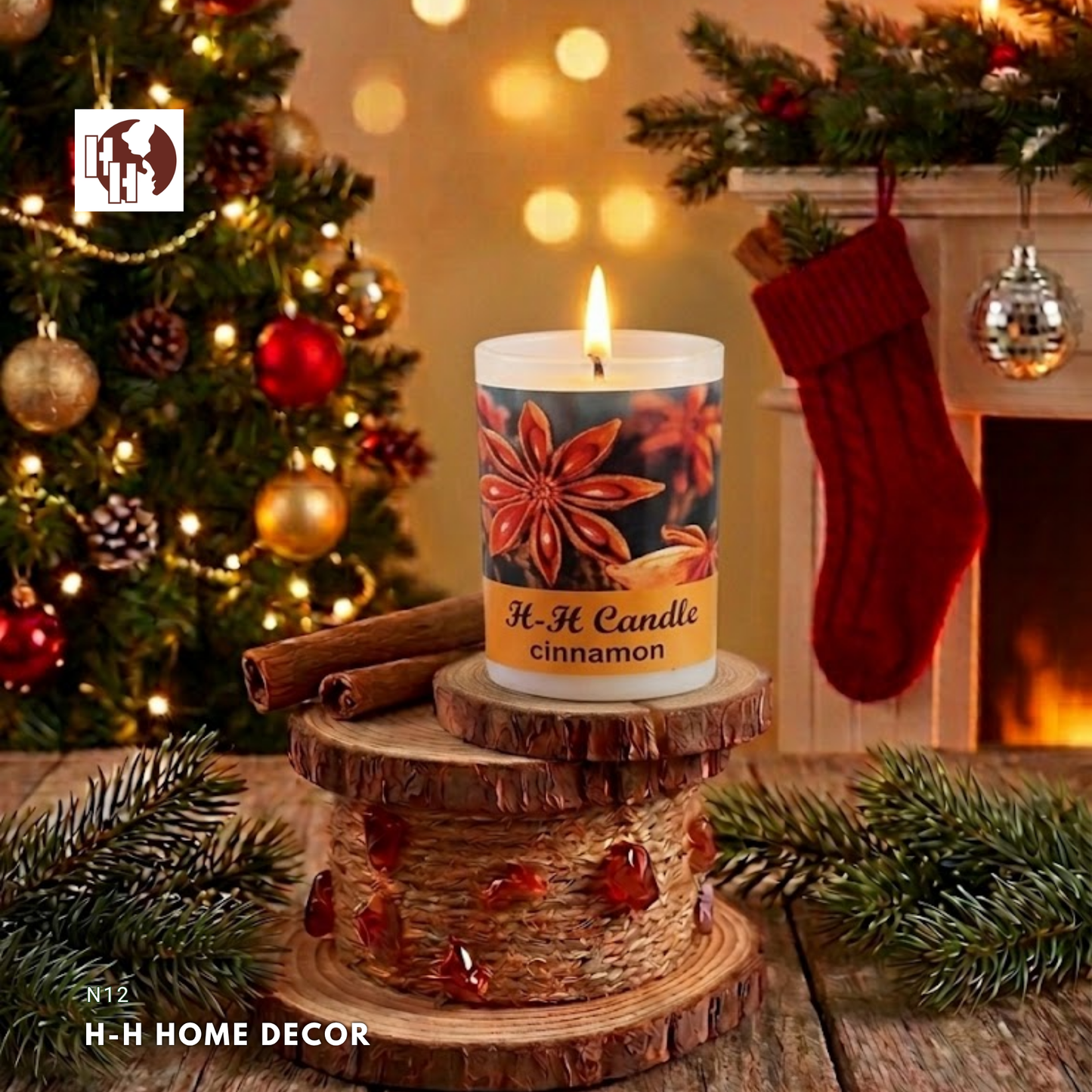 [N12] H-H Rustic Wood Slice Candle Holder & Riser with Jute Rope & Red Stones