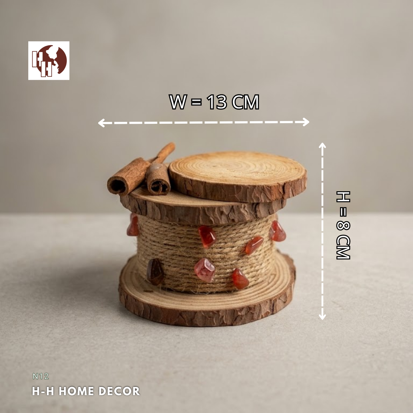 [N12] H-H Rustic Wood Slice Candle Holder & Riser with Jute Rope & Red Stones