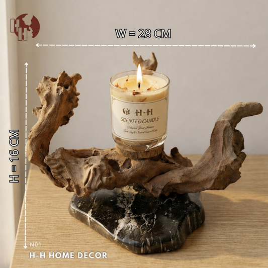 [N01] Rustic Natural Wood & Stone Candle Holder – Unique Home Decor & Gift