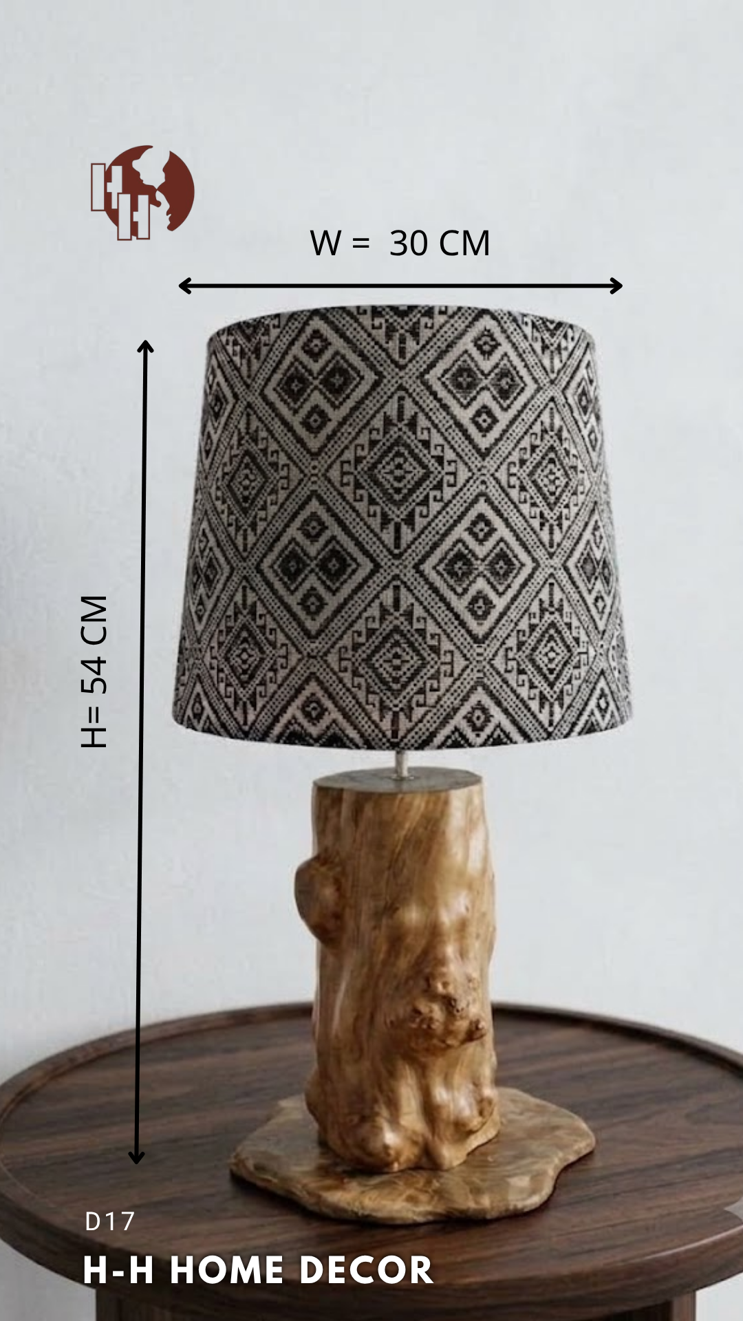 [D17] H-H Home Decor - Rustic Wooden Table Lamp with Brocade-Patterned Fabric Shade & Stone Base