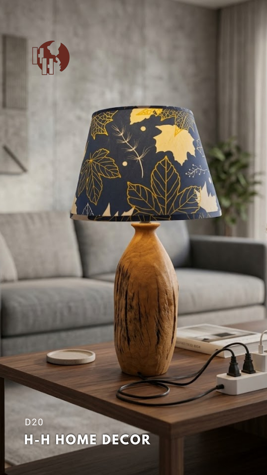[D20] Handcrafted Rustic Wooden Table Lamp with Botanical Leaf Fabric Shade